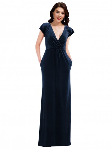 Vendedor de Decote V Veludo Elástico Mangas Esvoaçantes Marinha Negra Vestidos de Madrinha / Vestidos de Noite / Vestidos de Festa