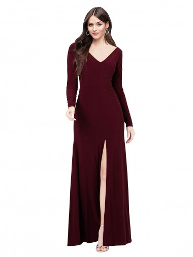 Vendedor de Decote V Spandex Mangas Compridas Costas em V Ouro Borgonha Vestidos de Madrinha / Vestidos de Festa