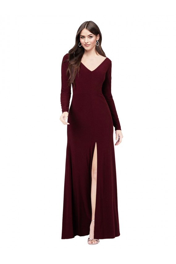 Vendedor de Decote V Spandex Mangas Compridas Costas em V Ouro Borgonha Vestidos de Madrinha / Vestidos de Festa