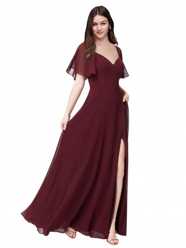 Vendedor de Amor Chiffon Mangas Esvoaçantes, Mangas Curtas Buraco da fechadura Ouro Borgonha Vestidos de Madrinha