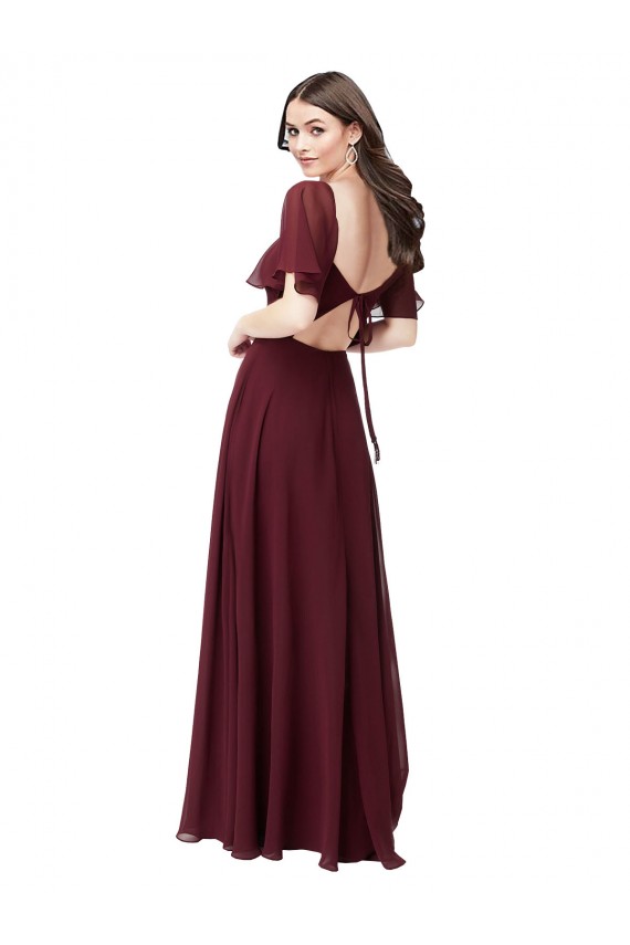 Vendedor de Amor Chiffon Mangas Esvoaçantes, Mangas Curtas Buraco da fechadura Ouro Borgonha Vestidos de Madrinha