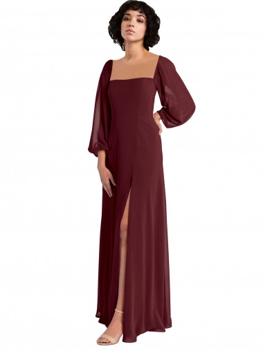 Vendedor de Decote Quadrado Chiffon Mangas Compridas Ouro Borgonha Vestidos de Madrinha