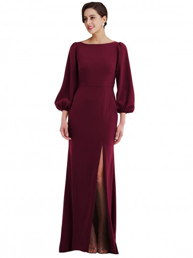 Vendedor de Barco Crepe Esticado Mangas Compridas, Mangas Bispo Abrir de volta Ouro Borgonha Vestidos de Madrinha / Vestidos de Noite / Vestidos de Festa