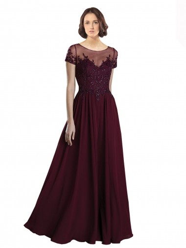 Vendedor de Decote Joia Tule & Chiffon Mangas Curtas Ouro Borgonha Vestidos de Madrinha