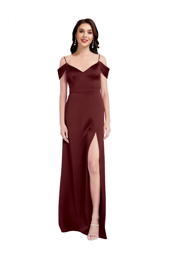 Vendedor de Fora do Ombro Cetim Elástico Sem Mangas Ouro Borgonha Vestidos de Madrinha / Vestidos de Noite / Vestidos de Festa