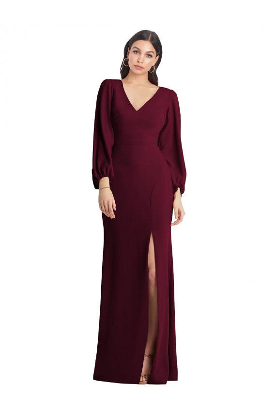 Vendedor de Decote V Crepe Esticado Mangas Bufantes Ouro Borgonha Vestidos de Madrinha / Vestidos de Festa
