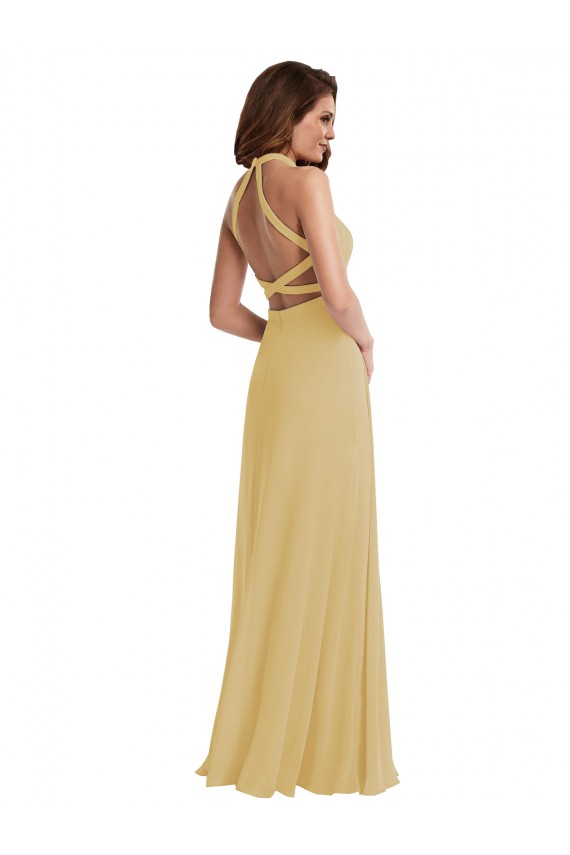Vendedor de Cabeçada Chiffon Sem Mangas Abrir de volta Ouro Vestidos de Madrinha