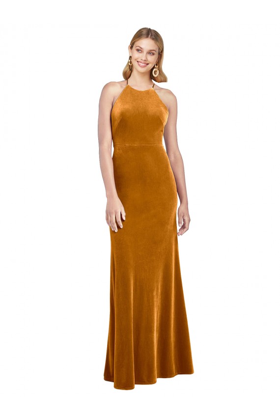 Vendedor de Cabeçada Veludo Elástico Sem Mangas Abrir de volta Ouro Vestidos de Madrinha / Vestidos de Noite / Vestidos de Festa