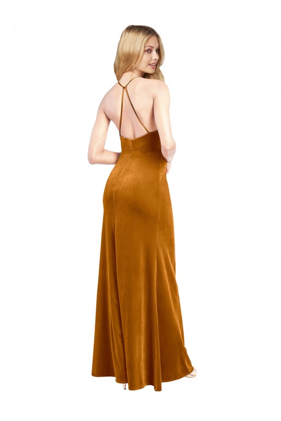 Vendedor de Cabeçada Veludo Elástico Sem Mangas Abrir de volta Ouro Vestidos de Madrinha / Vestidos de Noite / Vestidos de Festa
