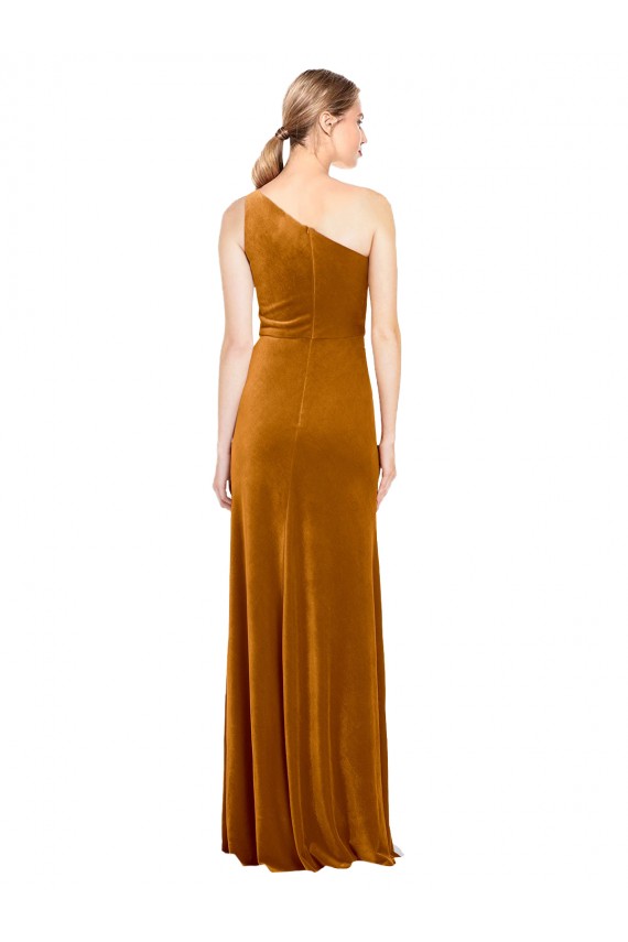 Vendedor de Um Ombro Veludo Elástico Sem Mangas Ouro Vestidos de Madrinha / Vestidos de Noite / Vestidos de Festa