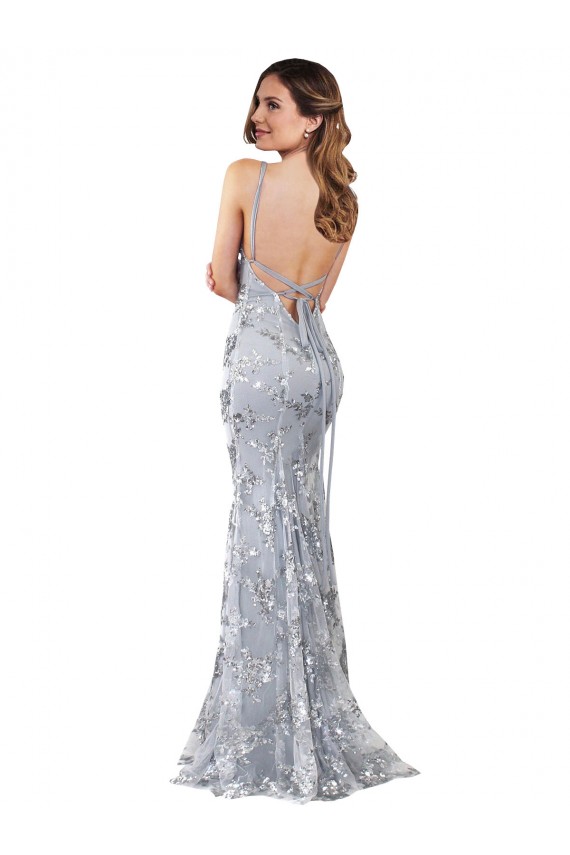 Vendedor de Decote V Crepe Esticado & Lantejoulas Tule Sem Mangas Sem encosto Prata Vestidos de Madrinha / Vestidos de Noite / Vestidos de Festa