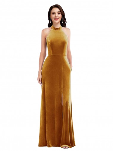 Vendedor de Cabeçada Veludo Elástico Sem Mangas Buraco da fechadura Ouro Vestidos de Madrinha / Vestidos de Festa