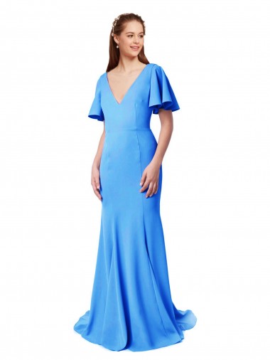 Vendedor de Decote V Crepe Esticado Mangas Curtas Costas em V Pavão Azul Vestidos de Madrinha / Vestidos de Festa