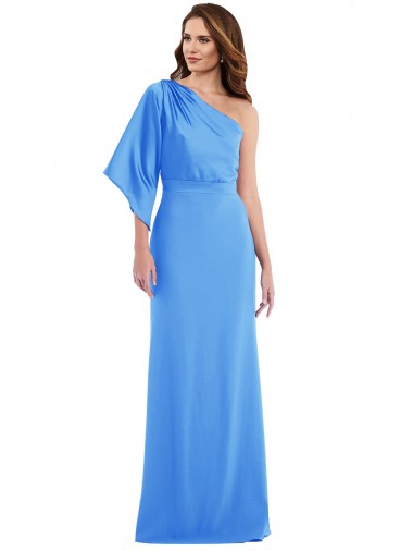Vendedor de Um Ombro Crepe Esticado Mangas Sino Pavão Azul Vestidos de Madrinha / Vestidos de Festa