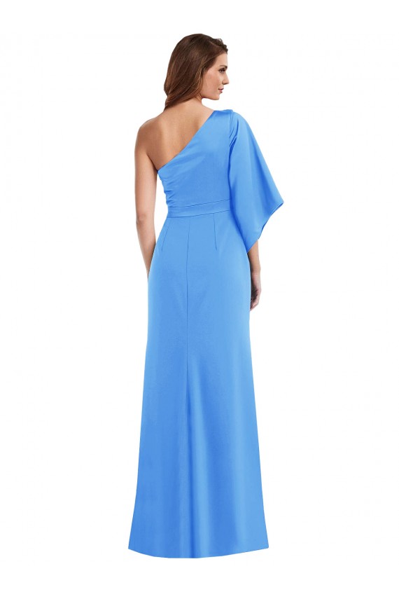Vendedor de Um Ombro Crepe Esticado Mangas Sino Pavão Azul Vestidos de Madrinha / Vestidos de Festa