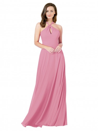 Vendedor de Cabeçada Chiffon Sem Mangas Buraco da fechadura Pele Rosa Vestidos de Madrinha / Vestidos de Festa