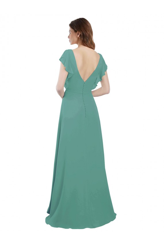 Vendedor de Decote V Chiffon Mangas Curtas Costas em V Prata Islandesa Vestido de Madrinha