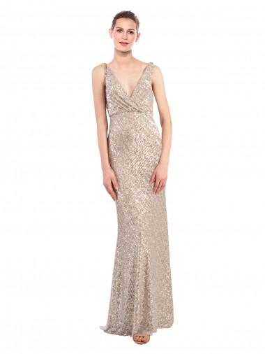 Vendedor de Decote V Lantejoulas & Lantejoulas Espumantes Sem Mangas Lombar Prata Vestidos de Madrinha / Vestidos de Noite / Vestidos de Festa