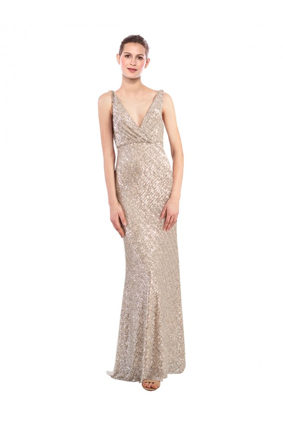 Vendedor de Decote V Lantejoulas & Lantejoulas Espumantes Sem Mangas Lombar Prata Vestidos de Madrinha / Vestidos de Noite / Vestidos de Festa