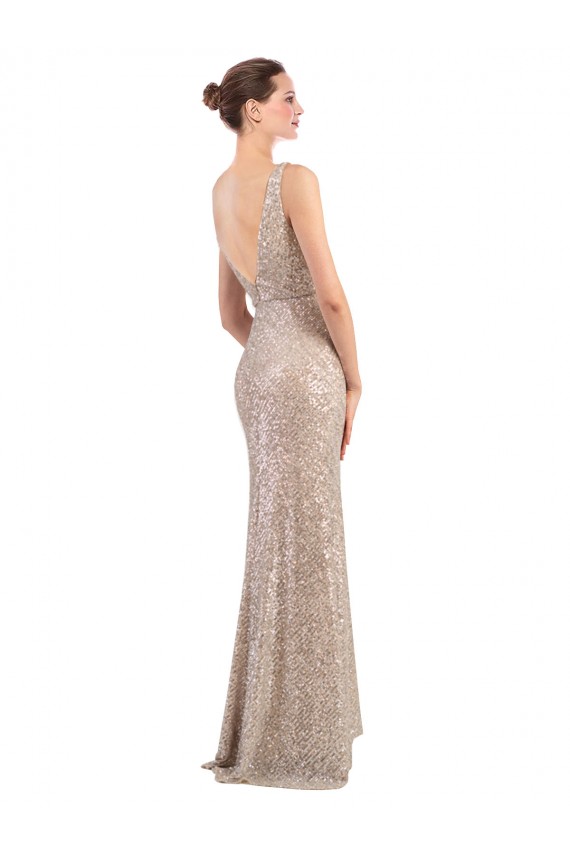 Vendedor de Decote V Lantejoulas & Lantejoulas Espumantes Sem Mangas Lombar Prata Vestidos de Madrinha / Vestidos de Noite / Vestidos de Festa
