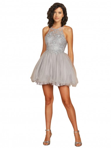 Vendedor de Cabeçada Tule Sem Mangas Abrir de volta Prata Vestidos de Madrinha / Vestidos de Cocktail / Vestidos de Homecoming