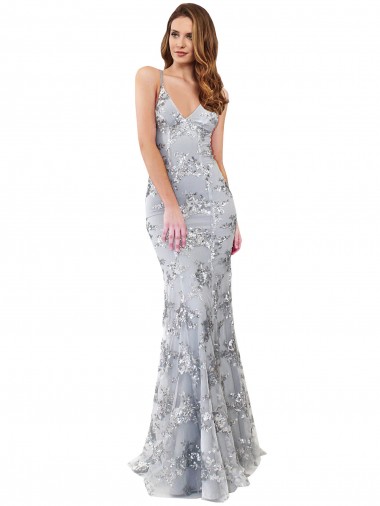 Vendedor de Decote V Crepe Esticado & Lantejoulas Tule Sem Mangas Sem encosto Prata Vestidos de Madrinha / Vestidos de Noite / Vestidos de Festa