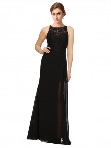 Vendedor de Decote Alto Chiffon & Renda Sem Mangas Preto Vestidos de Madrinha