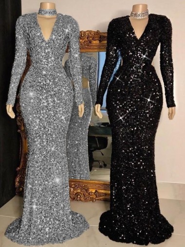 Vendedor de Decote V Lantejoulas Veludo Mangas Compridas Preto Vestidos de Festa