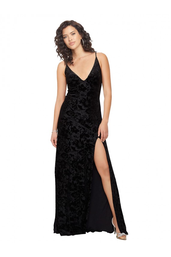 Vendedor de Decote V Veludo Floral & Veludo Elástico Sem Mangas Abrir de volta Preto Vestidos de Madrinha