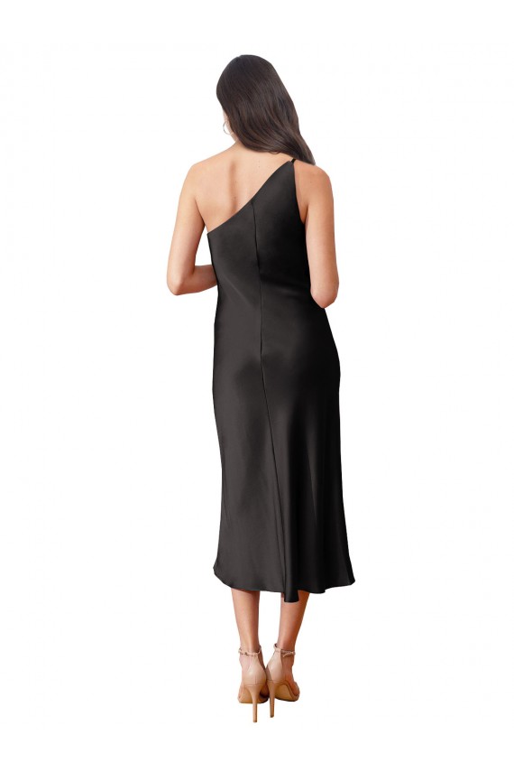 Vendedor de Um Ombro Cetim Elástico Sem Mangas Preto Vestidos de Madrinha / Vestidos de Noite / Vestidos de Festa