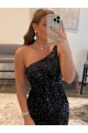 Vendedor de Um Ombro Lantejoulas Veludo Sem Mangas Preto Vestidos de Festa