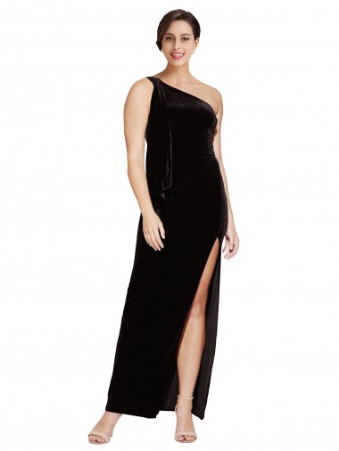 Vendedor de Um Ombro Veludo Elástico Sem Mangas Preto Vestidos de Madrinha / Vestidos de Noite / Vestidos de Festa