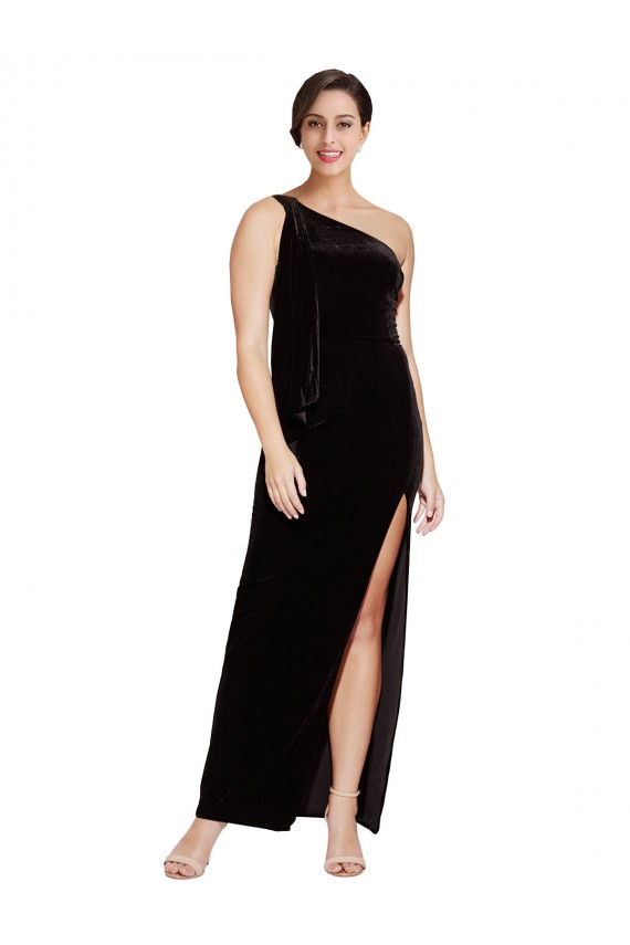 Vendedor de Um Ombro Veludo Elástico Sem Mangas Preto Vestidos de Madrinha / Vestidos de Noite / Vestidos de Festa