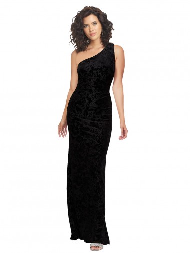 Vendedor de Um Ombro Veludo Floral & Veludo Elástico Sem Mangas Preto Vestidos de Madrinha