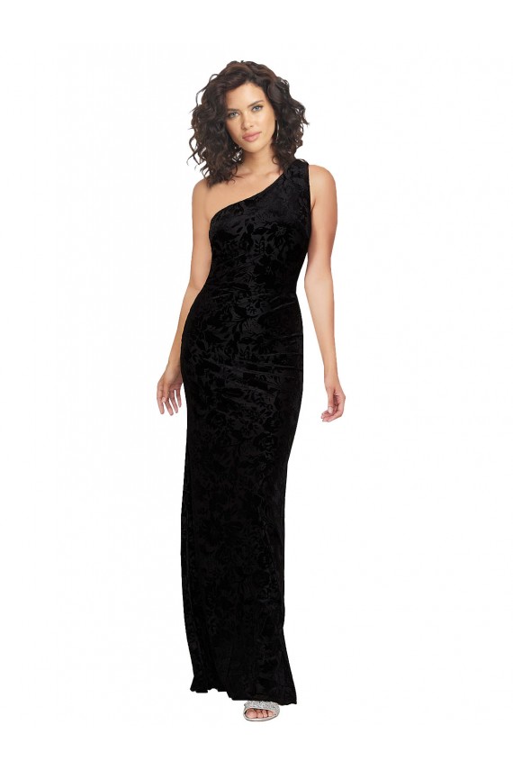 Vendedor de Um Ombro Veludo Floral & Veludo Elástico Sem Mangas Preto Vestidos de Madrinha