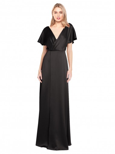 Vendedor de Decote V Cetim Elástico Mangas Curtas Abrir de volta Preto Vestidos de Madrinha / Vestidos de Noite / Vestidos de Festa