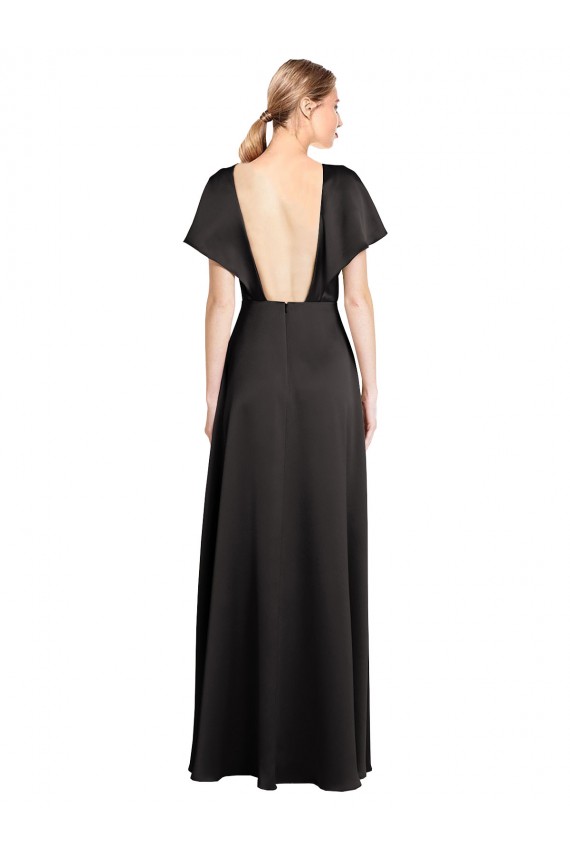 Vendedor de Decote V Cetim Elástico Mangas Curtas Abrir de volta Preto Vestidos de Madrinha / Vestidos de Noite / Vestidos de Festa