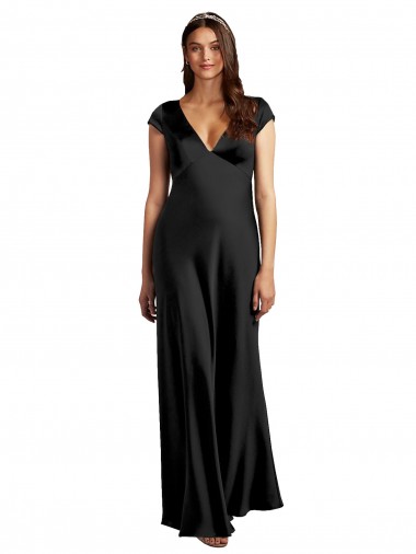 Vendedor de Decote V Cetim Elástico Mangas Curtas Buraco da fechadura Preto Vestidos de Madrinha / Vestidos de Noite / Vestidos de Festa