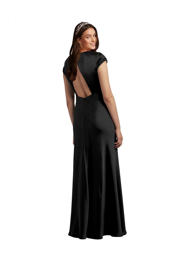 Vendedor de Decote V Cetim Elástico Mangas Curtas Buraco da fechadura Preto Vestidos de Madrinha / Vestidos de Noite / Vestidos de Festa