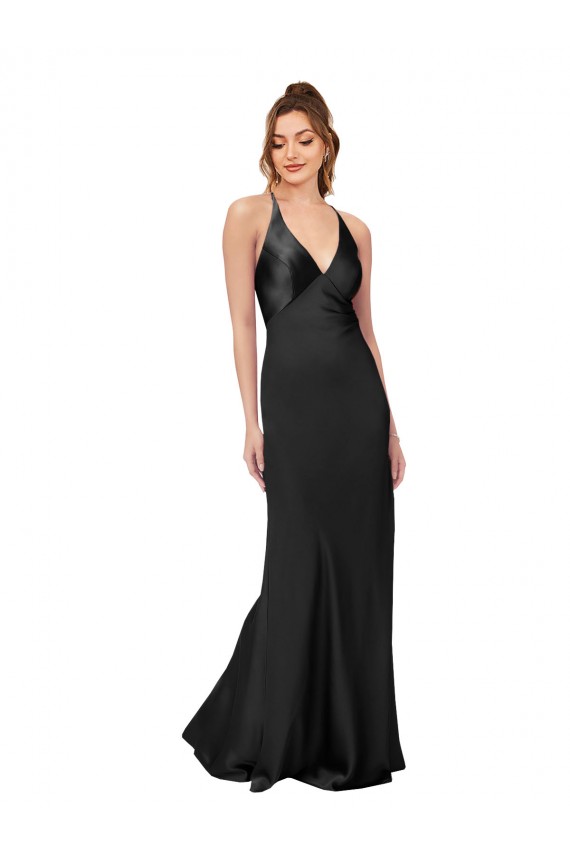 Vendedor de Decote V Cetim Sedoso Sem Mangas Criss Cruz Preto Vestidos de Madrinha / Vestidos de Noite / Vestidos de Festa