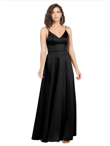 Vendedor de Decote V Cetim Sedoso Sem Mangas Costas em V Preto Vestidos de Madrinha / Vestidos de Noite / Vestidos de Festa