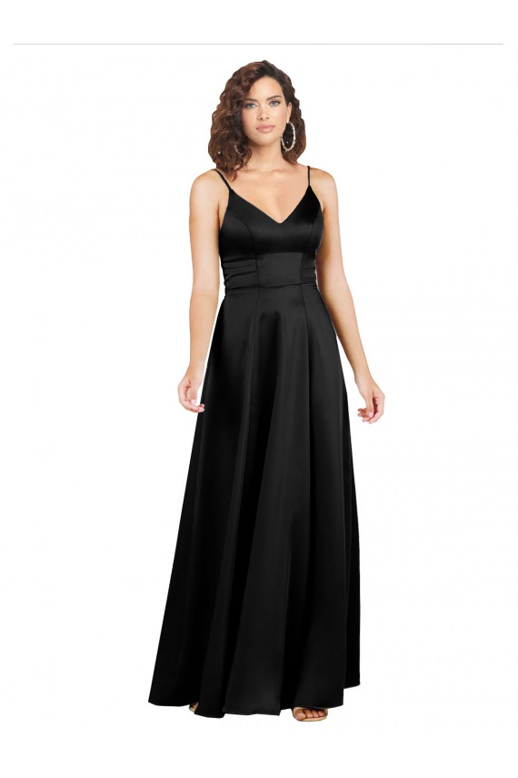Vendedor de Decote V Cetim Sedoso Sem Mangas Costas em V Preto Vestidos de Madrinha / Vestidos de Noite / Vestidos de Festa