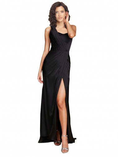 Vendedor de Um Ombro Cetim Sedoso Sem Mangas Preto Longo Vestidos de Madrinha / Vestidos de Noite / Vestidos de Festa