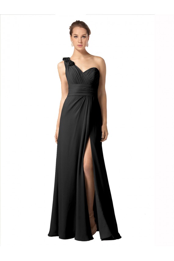 Vendedor de Um Ombro Chiffon Sem Mangas Preto Vestidos de Festa / Vestidos de Madrinha