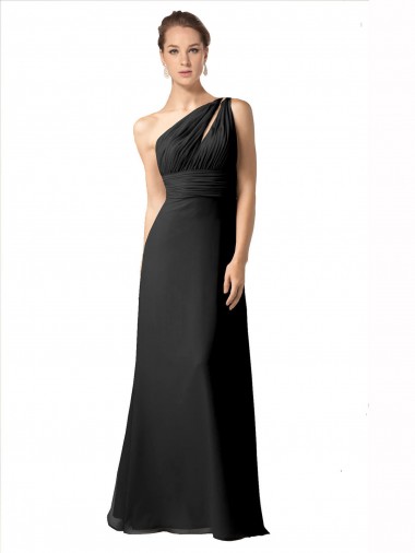 Vendedor de Um Ombro Chiffon Sem Mangas Preto Vestido de Noite / Vestidos de Madrinha