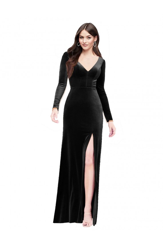 Vendedor de Decote V Veludo Elástico Mangas Compridas Costas em V Preto Vestidos de Madrinha / Vestidos de Noite / Vestidos de Festa