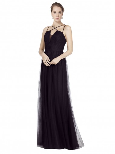 Vendedor de Alças finas Tule Sem Mangas Preto Vestido de Madrinha