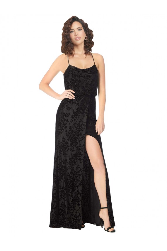 Vendedor de Alças finas Veludo Floral & Veludo Elástico Sem Mangas Criss Cruz Preto Vestidos de Madrinha