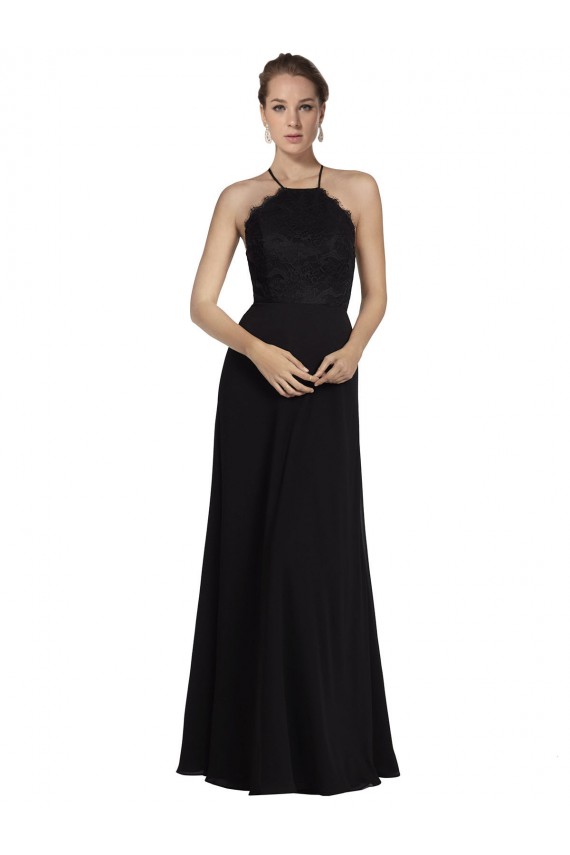 Vendedor de Cabeçada Chiffon & Renda Sem Mangas Abrir de volta Preto Vestidos de Madrinha