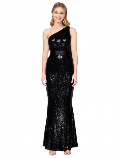 Vendedor de Um Ombro Lantejoulas Sem Mangas Preto Vestidos de Madrinha / Vestidos de Noite / Vestidos de Festa